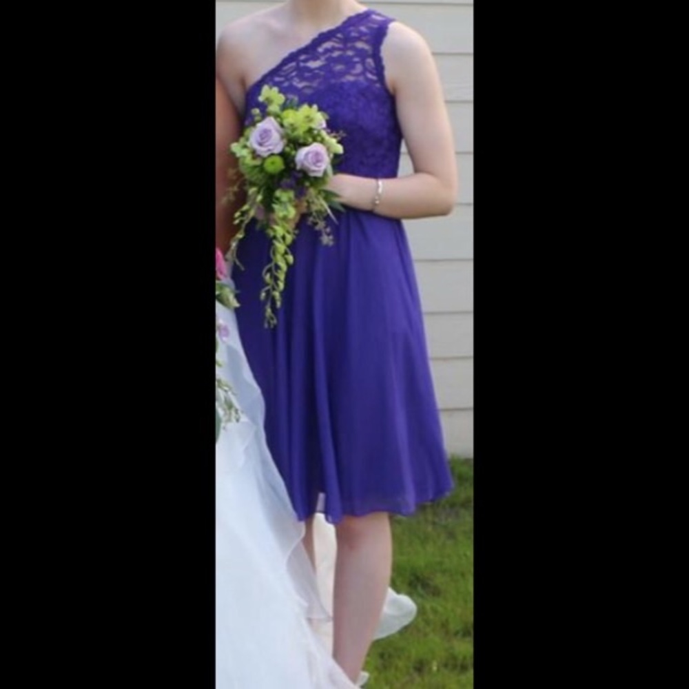 David's Bridal Purple Lace Cross-Shoulder Dress